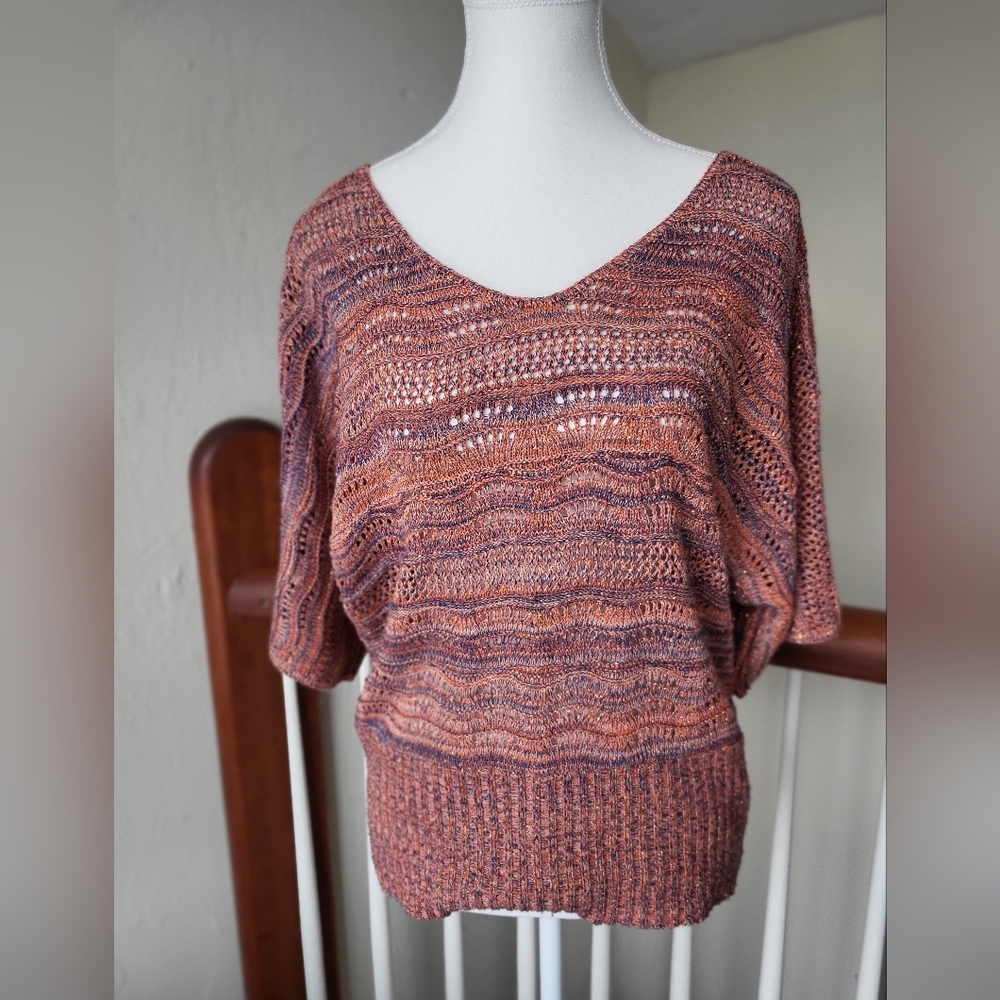 August Silk size L 3/4 knit metallic thread sweater orange blue